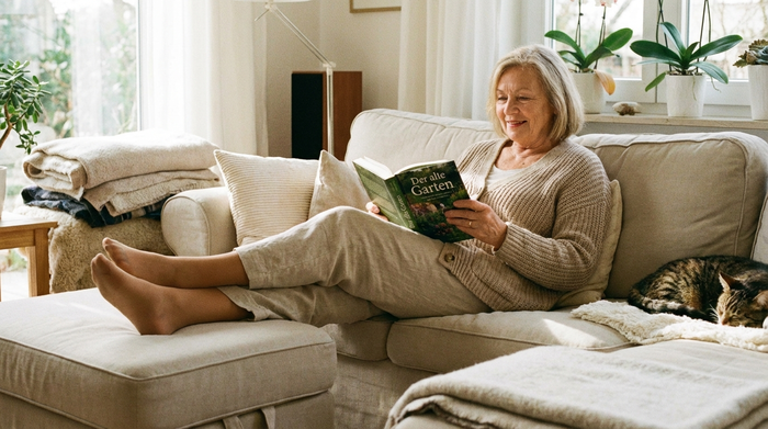 Eine entspannte Seniorin sitzt auf einem gemütlichen hellen Sofa und liest ein Buch. Sie hat die Beine ausgestreckt, die in eleganten, unauffälligen hautfarbenen Strümpfen stecken.