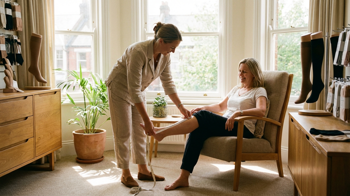 Ein sonnendurchflutetes Beratungszimmer am Morgen. Eine Fachverkäuferin misst behutsam mit einem flexiblen Maßband den Wadenumfang einer lächelnden Kundin, die bequem auf einem Stuhl sitzt.