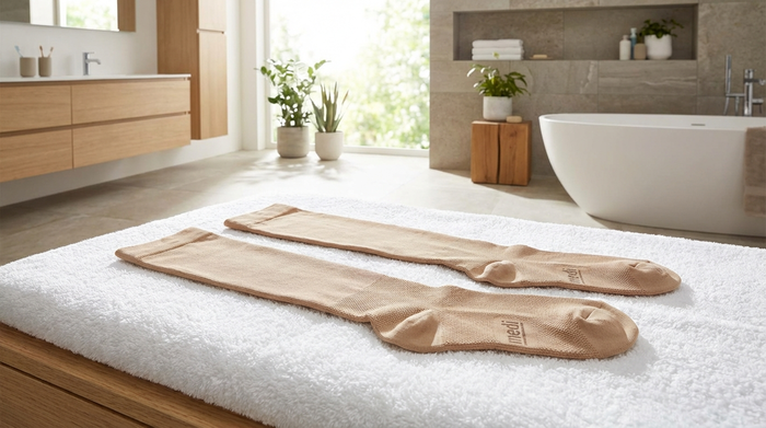 Frisch gewaschene, saubere Kompressionsstrümpfe liegen flach ausgebreitet auf einem flauschigen weißen Handtuch zum schonenden Trocknen in einem modernen, hellen Badezimmer.