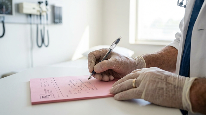 Eine Nahaufnahme der Hände eines Arztes, der ein rosa Rezeptformular mit einem Stift sorgfältig ausfüllt. Helle, saubere Arztpraxis im Hintergrund, fokussiert auf das Dokument ohne lesbaren Text.