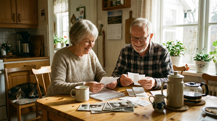 Ein älteres Ehepaar sitzt entspannt am heimischen Küchentisch und sortiert übersichtlich ein paar Dokumente und Quittungen. Eine Kaffeetasse steht daneben, warme und beruhigende Atmosphäre.