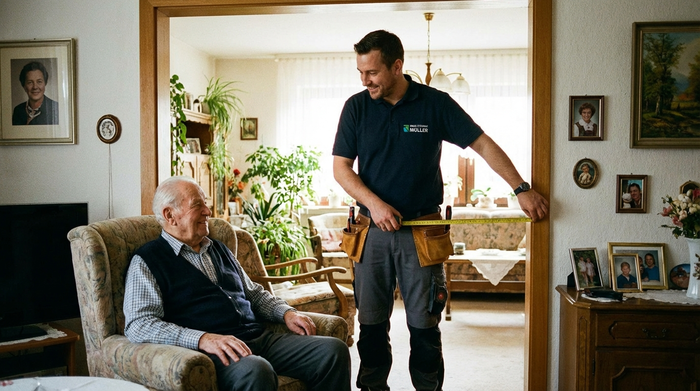 Ein freundlicher Reha-Techniker in Arbeitskleidung misst mit einem Maßband den Türrahmen in einer gemütlichen Seniorenwohnung aus. Ein älterer Herr schaut interessiert zu.