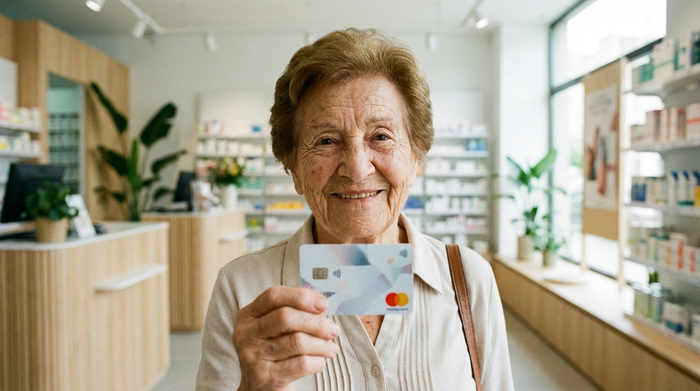 Eine ältere Dame hält lächelnd ihre elektronische Gesundheitskarte in der Hand, während sie in einer modernen Apotheke oder einem Sanitätshaus steht. Fokus auf die Karte und das zufriedene Gesicht, ohne lesbaren Text.
