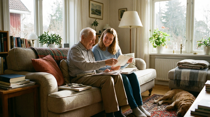 Ein älterer Herr und seine erwachsene Tochter sitzen entspannt auf einem Sofa im hellen Wohnzimmer und schauen sich gemeinsam lächelnd Unterlagen an. Eine harmonische Familiensituation, die Zusammenhalt ausstrahlt.