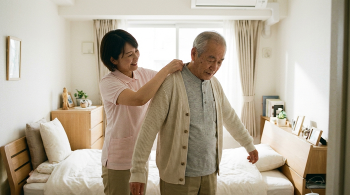 Eine fürsorgliche Pflegekraft hilft einem älteren Mann behutsam beim Anziehen einer hellen Strickjacke im Schlafzimmer. Das Zimmer ist aufgeräumt und lichtdurchflutet, die Stimmung ist respektvoll und ruhig.