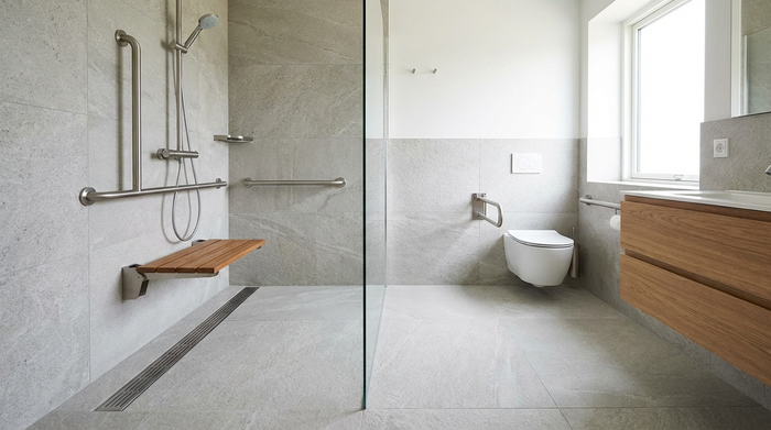 Ein modern renoviertes, barrierefreies Badezimmer mit einer großzügigen, bodengleichen Dusche, eleganten Haltegriffen und rutschfesten Fliesen. Helles, sauberes Design ohne störende Elemente.