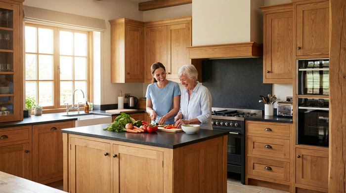 Eine engagierte Betreuungskraft kocht gemeinsam mit einer fröhlichen Seniorin in einer modernen, gut ausgestatteten Holzküche. Beide schneiden frisches Gemüse und lachen miteinander.