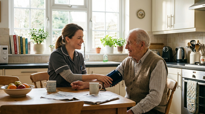Eine freundliche Pflegekraft misst den Blutdruck eines älteren Herrn am Esstisch. Helles Tageslicht fällt durch das Fenster in eine aufgeräumte, wohnliche Küche. Beide wirken entspannt und vertraut miteinander.