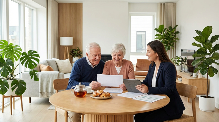 Ein älteres Ehepaar sitzt gemeinsam mit einer professionellen Beraterin an einem runden Holztisch und betrachtet aufmerksam übersichtliche Dokumente. Moderne, helle Einrichtung mit Zimmerpflanzen, freundliche und unterstützende Stimmung.