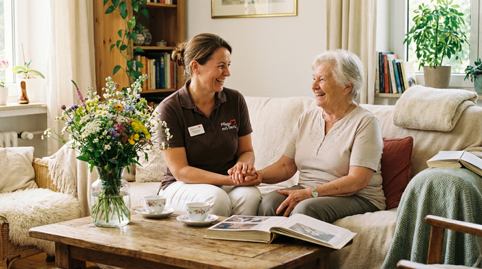 Eine engagierte Pflegekraft sitzt auf einem gemütlichen Sofa und unterhält sich auf Augenhöhe mit einer fröhlichen Seniorin. Auf dem Wohnzimmertisch stehen frische Blumen, warme und einladende Atmosphäre.