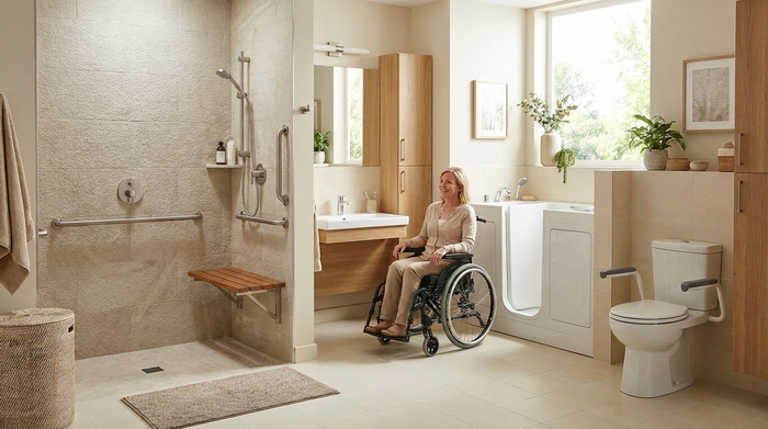 Ein modernes, helles und barrierefreies Badezimmer mit einer großzügigen, bodengleichen Dusche, eleganten Haltegriffen und rutschfesten Fliesen. Sauber, sicher und altersgerecht eingerichtet, ohne klinisch zu wirken.