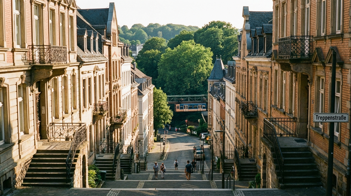 Blick auf eine hügelige Straße in Wuppertal mit historischen Altbauten und vielen Treppen. Ein sonniger Tag, gepflegte Fassaden, grüne Bäume im Hintergrund.