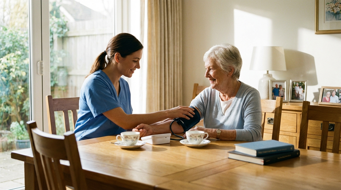 Eine professionelle Pflegekraft in sauberer, blauer Berufskleidung misst den Blutdruck einer älteren Dame am Esstisch. Helles Tageslicht, vertrauensvolle Atmosphäre.