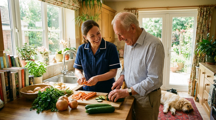 Eine fürsorgliche Betreuungskraft und ein älterer Herr bereiten gemeinsam in einer hellen Küche frisches Gemüse vor. Entspannte und familiäre Stimmung.