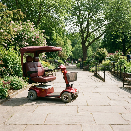 Ein komfortables, rotes Elektromobil steht auf einem gepflasterten Weg in einem grünen Park. Sonniges Wetter, barrierefreie Wege.