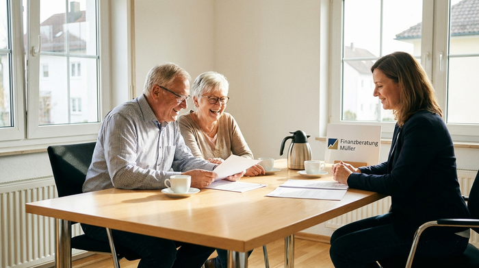 Ein älteres Ehepaar sitzt gemeinsam mit einer Beraterin an einem hellen Holztisch und bespricht entspannt Dokumente. Freundliche Atmosphäre, Kaffeetassen auf dem Tisch, professionelle Beratungssituation.