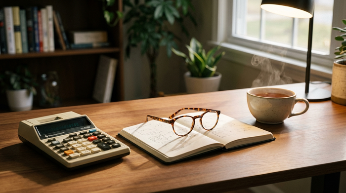 Ein Taschenrechner, eine Lesebrille und ein aufgeschlagenes Notizbuch liegen auf einem aufgeräumten Schreibtisch neben einer Tasse Tee. Warmes Licht, fokussierte und ruhige Stimmung, realistische Szene ohne lesbaren Text.