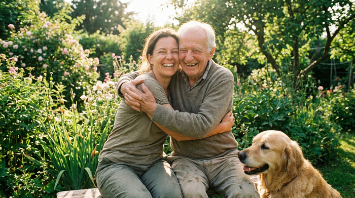 Eine erwachsene Tochter umarmt ihren älteren Vater liebevoll im Garten. Beide lächeln glücklich und wirken erleichtert. Sonniges Wetter, grüne Pflanzen im Hintergrund, harmonisches Familienbild.