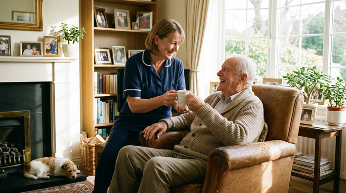 Eine freundliche Pflegekraft reicht einem lächelnden Senior eine Tasse Kaffee in seinem eigenen, gemütlichen Wohnzimmer. Helle Einrichtung, vertraute und sichere Umgebung, respektvoller Umgang.