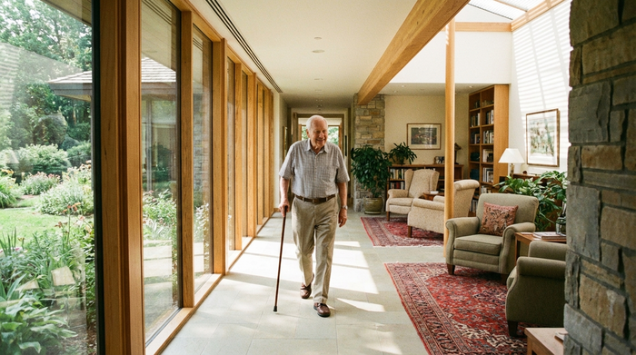 Ein älterer Herr mit Gehstock spaziert sicher durch einen lichtdurchfluteten, breiten Flur mit großen Fenstern und gemütlichen Sitznischen. Die Architektur ist offen und barrierefrei, ohne sichtbare Türen, was ein Gefühl von Freiheit und Geborgenheit vermittelt.