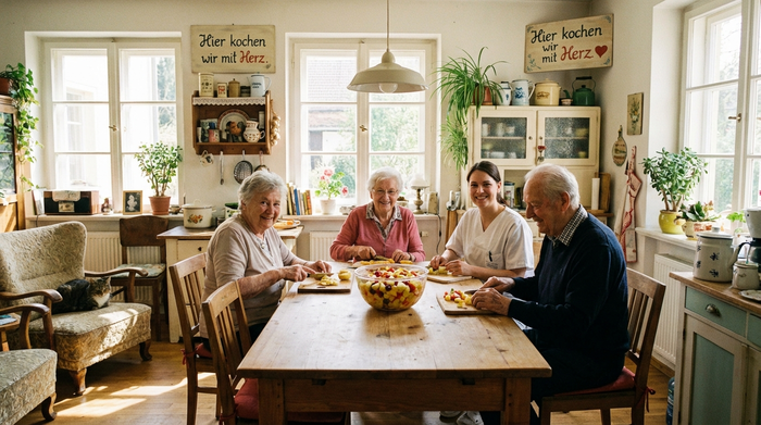 Eine kleine, gemütliche Wohnküche in einer Demenz-Wohngemeinschaft. Drei Senioren sitzen gemeinsam mit einer Pflegekraft an einem großen Holztisch und bereiten entspannt einen frischen Obstsalat zu. Die Atmosphäre ist familiär, hell und sehr wohnlich.