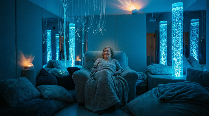 Ein gemütlicher Snoezelen-Raum mit gedimmtem, beruhigendem blauen Licht. Eine ältere Frau sitzt entspannt in einem weichen Sessel, umgeben von sanft leuchtenden Wassersäulen und flauschigen Kissen. Die Szene strahlt tiefe Entspannung aus.