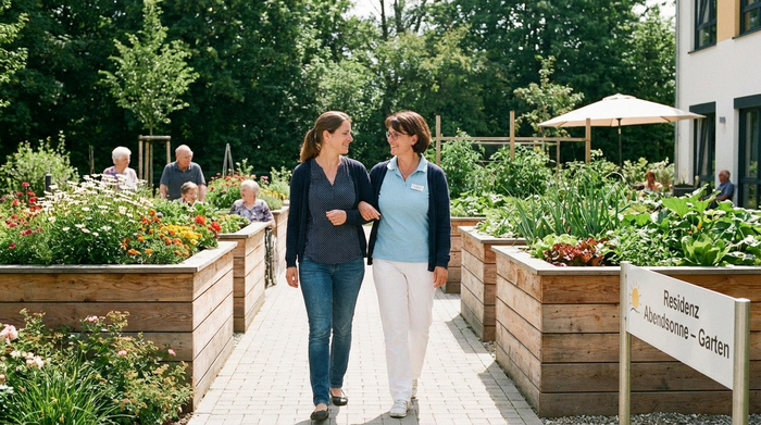 Eine erwachsene Tochter und ein freundlicher Pflegeheimleiter spazieren gemeinsam durch einen gepflegten Gartenbereich. Sie unterhalten sich zugewandt, während sie die barrierefreien Wege und bepflanzten Hochbeete der Seniorenresidenz betrachten.