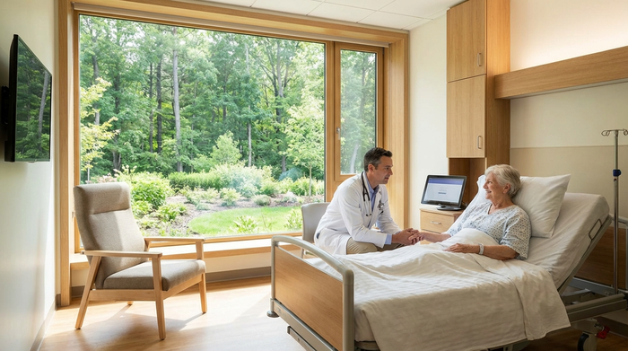 Ein modernes Krankenhauszimmer mit großem Fenster und Blick ins Grüne. Ein Arzt im weißen Kittel spricht beruhigend und auf Augenhöhe mit einer Seniorin, die im Bett liegt.