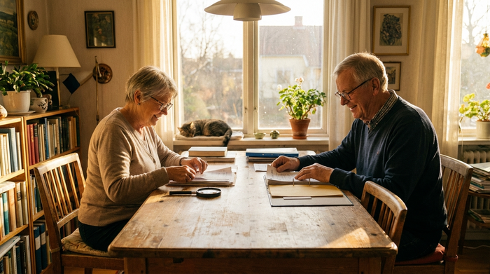Ein älteres Ehepaar sitzt am heimischen Esstisch und ordnet übersichtlich Dokumente. Warmes Sonnenlicht fällt durch das Fenster und erzeugt eine ruhige, konzentrierte Stimmung.