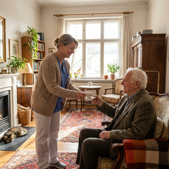 Eine freundliche Pflegekraft reicht einem lächelnden Senior eine Tasse Tee im gemütlichen Wohnzimmer eines Altbaus.
