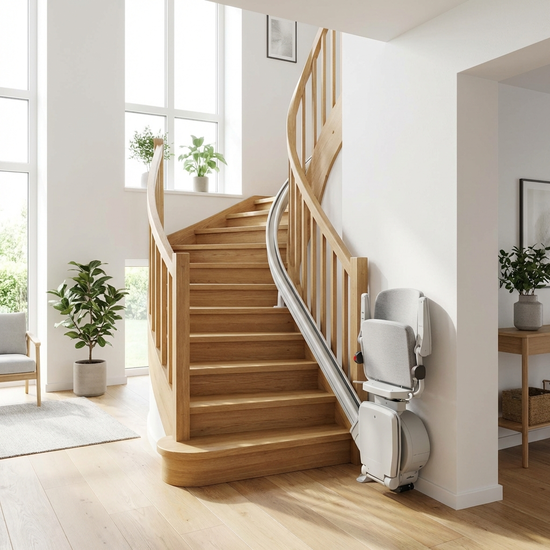 Ein moderner, unauffälliger Treppenlift an einer geschwungenen Holztreppe in einem gepflegten, hellen Einfamilienhaus.