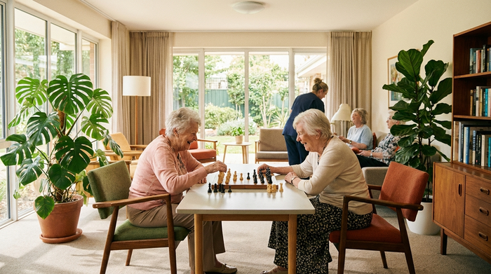 Ein gepflegter, heller Gemeinschaftsraum in einer Senioreneinrichtung. Zwei ältere Damen spielen vergnügt Schach, umgeben von stilvollen Möbeln und großen Zimmerpflanzen.