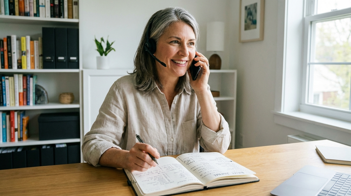 Eine organisierte Frau mittleren Alters telefoniert am Schreibtisch, vor ihr liegt ein aufgeschlagenes Notizbuch. Sie wirkt konzentriert, freundlich und entschlossen.