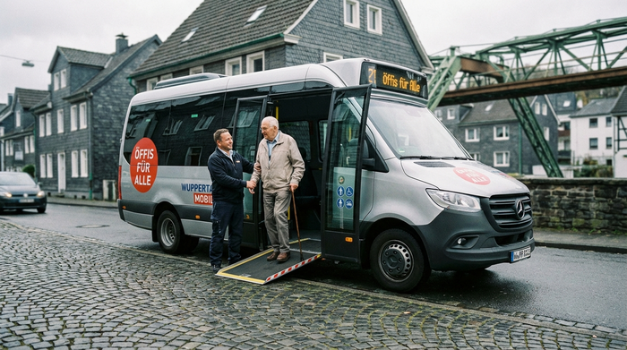 Ein moderner, rollstuhlgerechter Kleinbus parkt an einer hügeligen Straße in Wuppertal. Ein freundlicher Fahrer hilft einem älteren Herrn mit Gehstock behutsam und geduldig beim Einstieg. Die Szene wirkt sicher, alltäglich und gut organisiert, mit typischen bergischen Schieferhäusern im unscharfen Hintergrund.