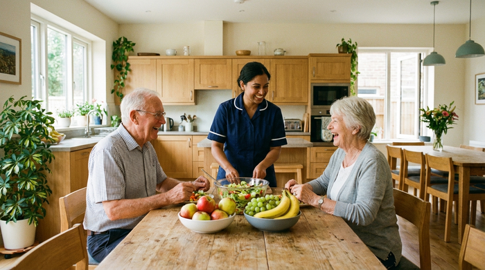 Zwei Senioren sitzen gut gelaunt an einem rustikalen Holztisch und bereiten gemeinsam mit einer Pflegekraft einen frischen Obstsalat zu. Frische Äpfel, Bananen und Trauben liegen auf dem Tisch. Die Umgebung ist eine offene, wohnliche Küche mit hellen Schränken und viel Tageslicht, die Gemeinschaft und Aktivität ausstrahlt.