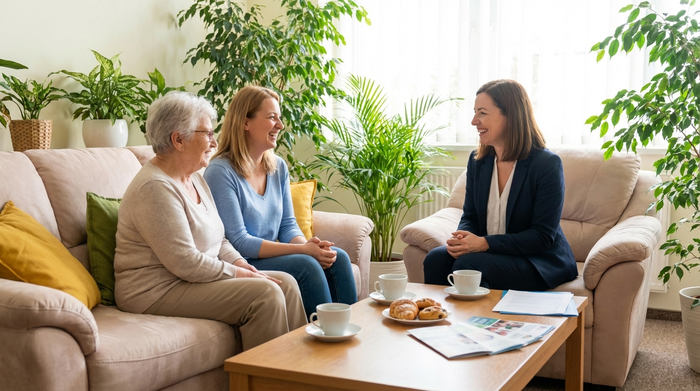 Eine ältere Dame und ihre erwachsene Tochter sitzen gemeinsam auf einem bequemen Sofa und unterhalten sich lächelnd mit der Leiterin einer Tagespflegeeinrichtung. Auf dem Tisch stehen Kaffeetassen. Die Atmosphäre ist vertrauensvoll, entspannt und beratend, in einem hellen Büro mit vielen grünen Zimmerpflanzen.