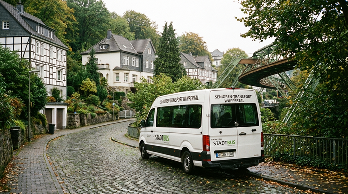 Eine steile, gepflasterte Straße in einem grünen Wohnviertel in Wuppertal. Ein moderner, weißer Kleinbus für den Seniorentransport parkt sicher am Straßenrand. Realistische, atmosphärische Szene.