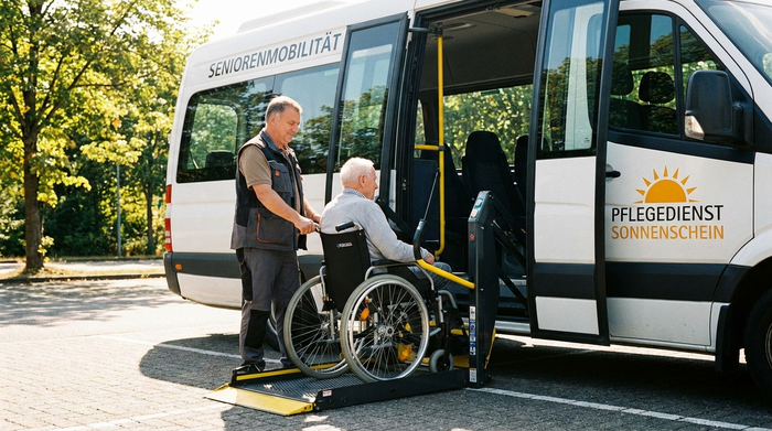 Ein geduldiger Pfleger bedient die Hebebühne eines weißen Transportbusses, um einen Senior im Rollstuhl sicher in das Fahrzeug zu heben. Sonniges Wetter, klare und hilfsbereite Atmosphäre.