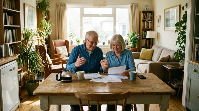 Ein älteres Ehepaar sitzt entspannt am Küchentisch und bespricht bei einer Tasse Kaffee lächelnd Dokumente. Helles, gemütliches Wohnzimmer, positive und erleichterte Stimmung.