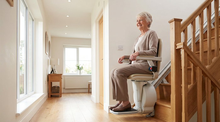 Ein moderner, bequemer Treppenlift in einem gepflegten Einfamilienhaus. Eine ältere Dame fährt sicher und entspannt die Holztreppe hinauf. Helle Beleuchtung, saubere Umgebung.