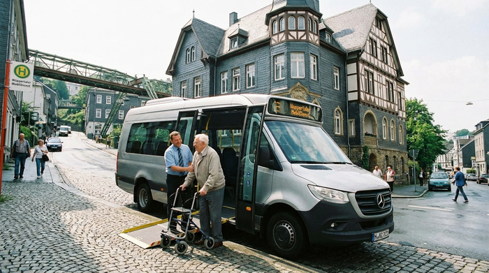 Ein moderner, rollstuhlgerechter Kleinbus steht vor einem typischen Wuppertaler Altbau mit hügeliger Straße. Ein freundlicher Fahrer hilft einem älteren Herrn mit Rollator sicher in den Bus. Helles Tageslicht, städtische Umgebung.