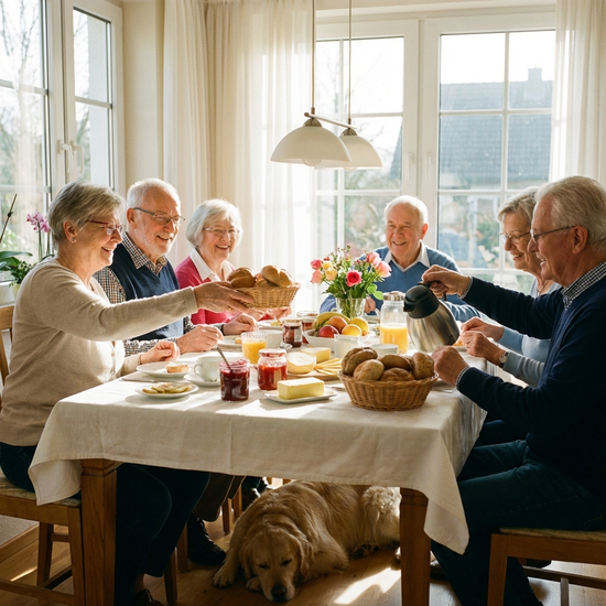 Mehrere Senioren sitzen an einem liebevoll gedeckten Tisch und frühstücken gemeinsam. Frische Brötchen und Kaffeetassen stehen auf dem Tisch. Eine harmonische, gemeinschaftliche Szene in einem lichtdurchfluteten Raum.