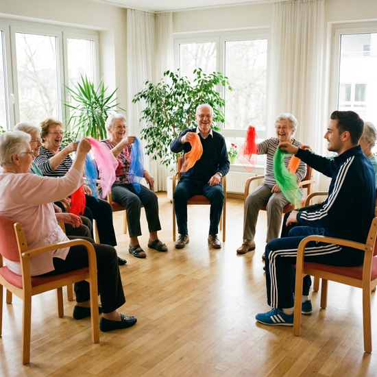 Eine Gruppe von Senioren macht leichte Sitzgymnastik im Kreis. Sie halten bunte Tücher in den Händen und lachen. Eine junge Therapeutin macht die Übungen vor. Helle, freundliche Umgebung.