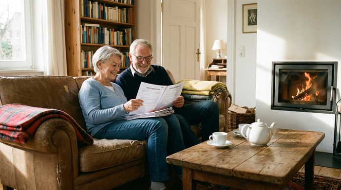 Ein älteres Ehepaar sitzt entspannt auf einem Sofa und betrachtet gemeinsam einige Dokumente. Sie wirken erleichtert und zufrieden. Warme, häusliche Atmosphäre, eine Tasse Tee steht auf dem Couchtisch.