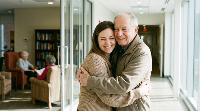 Eine erwachsene Tochter umarmt ihren älteren Vater liebevoll im Flur eines hellen Gebäudes. Beide lächeln entspannt. Im Hintergrund ist unscharf ein gemütlicher Aufenthaltsraum für Senioren zu erkennen.