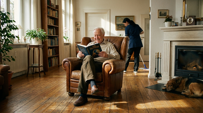 Ein älterer Herr sitzt entspannt in seinem Sessel und liest ein Buch, während im Hintergrund eine Reinigungskraft unauffällig den Holzboden wischt. Helles, gemütliches Zimmer, warme Atmosphäre, realistische Fotografie ohne Text.