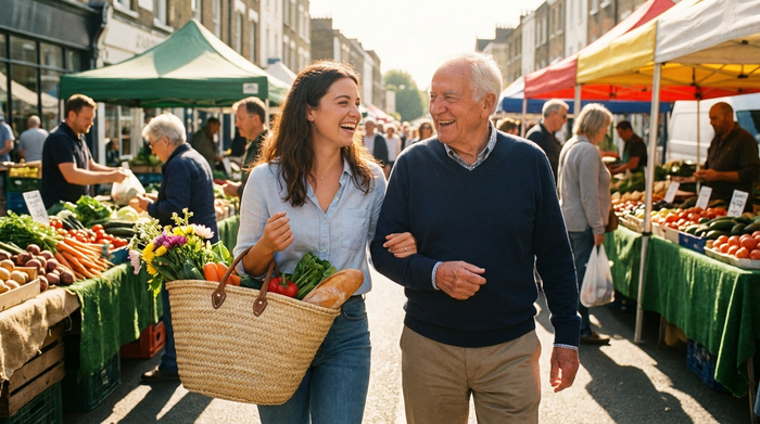 Eine junge Alltagsbegleiterin und ein Senior gehen gemeinsam auf einem sonnigen Wochenmarkt einkaufen. Sie trägt einen Korb mit frischem Gemüse, beide lächeln. Authentische Straßenszene, klares Wetter, ohne lesbaren Text.