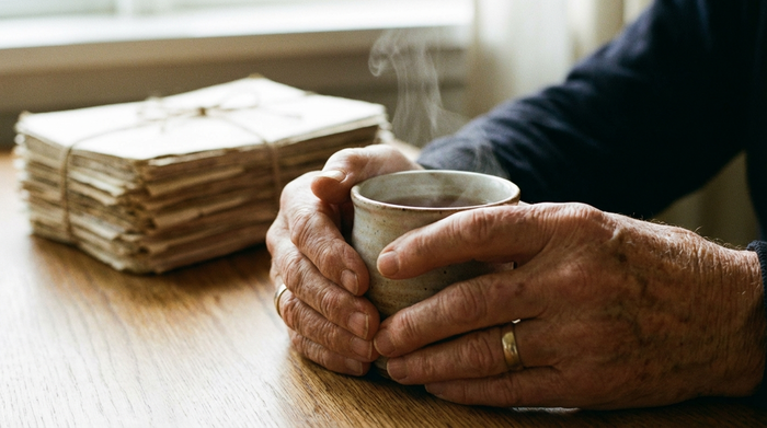 Nahaufnahme von zwei Händen einer älteren Person, die entspannt eine Tasse Tee halten. Im unscharfen Hintergrund liegt ein ordentlich sortierter Stapel Dokumente auf einem Holztisch. Friedliche Stimmung, keine erkennbaren Schriften.