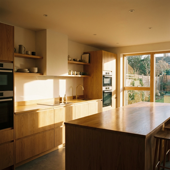 Eine blitzblanke, aufgeräumte Küche in einem modernen Zuhause, warmes Sonnenlicht spiegelt sich auf den sauberen Arbeitsflächen aus Holz.