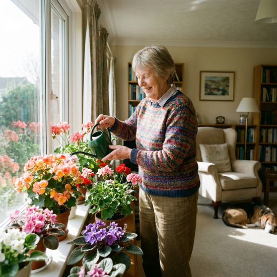 Eine rüstige ältere Dame gießt glücklich ihre blühenden Zimmerpflanzen am Fenster, während das Wohnzimmer im Hintergrund gepflegt und ordentlich aussieht.
